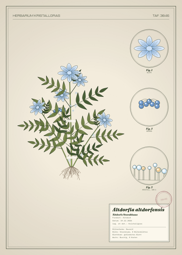 Botanische Tafel: Altdorfia altdorfensis, eine erfundene Pflanze aus Altdorf, gezeichnet wie in einem alten Pflanzenatlas