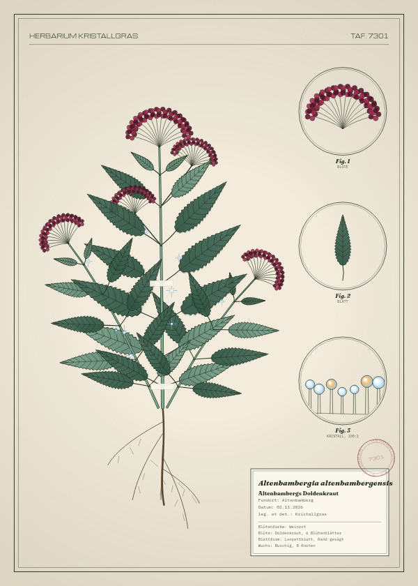 Botanische Tafel: Altenbambergia altenbambergensis, eine erfundene Pflanze aus Altenbamberg, gezeichnet wie in einem alten Pflanzenatlas