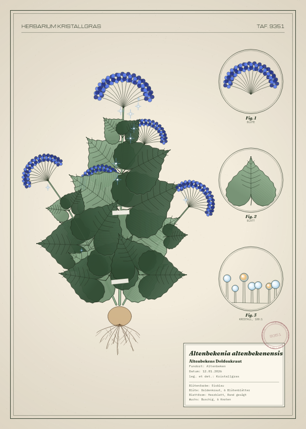 Botanische Tafel: Altenbekenia altenbekenensis, eine erfundene Pflanze aus Altenbeken, gezeichnet wie in einem alten Pflanzenatlas