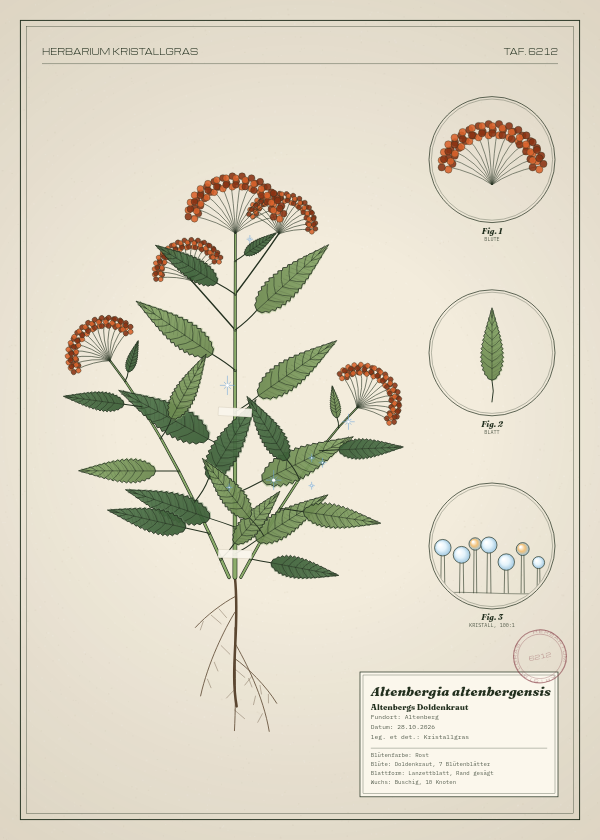 Botanische Tafel: Altenbergia altenbergensis, eine erfundene Pflanze aus Altenberg, gezeichnet wie in einem alten Pflanzenatlas