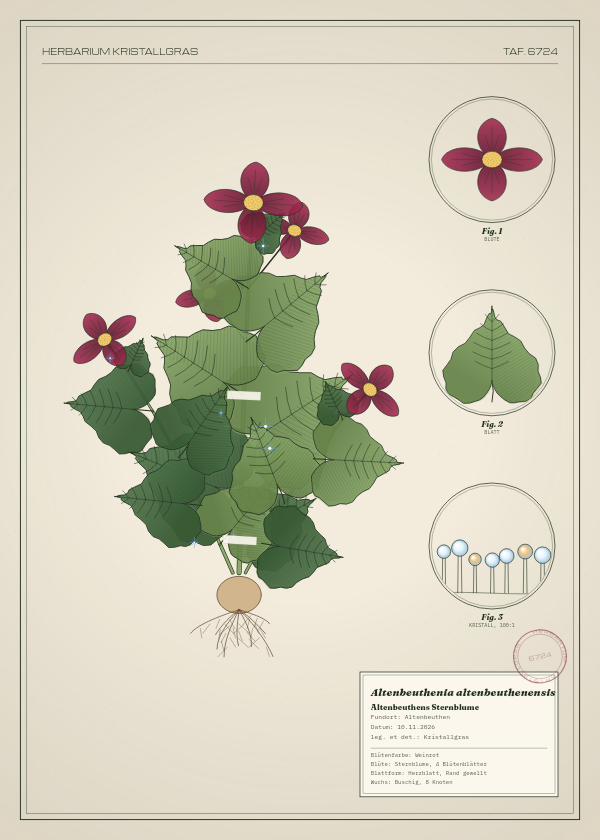Botanische Tafel: Altenbeuthenia altenbeuthenensis, eine erfundene Pflanze aus Altenbeuthen, gezeichnet wie in einem alten Pflanzenatlas