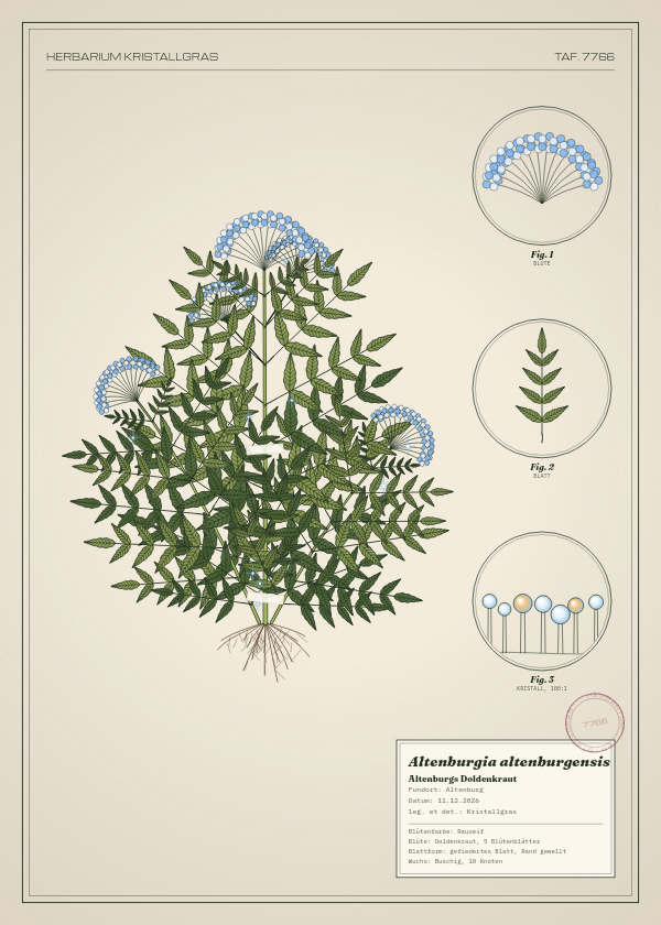 Botanische Tafel: Altenburgia altenburgensis, eine erfundene Pflanze aus Altenburg, gezeichnet wie in einem alten Pflanzenatlas