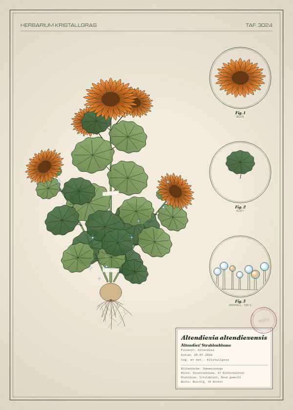 Botanische Tafel: Altendiezia altendiezensis, eine erfundene Pflanze aus Altendiez, gezeichnet wie in einem alten Pflanzenatlas