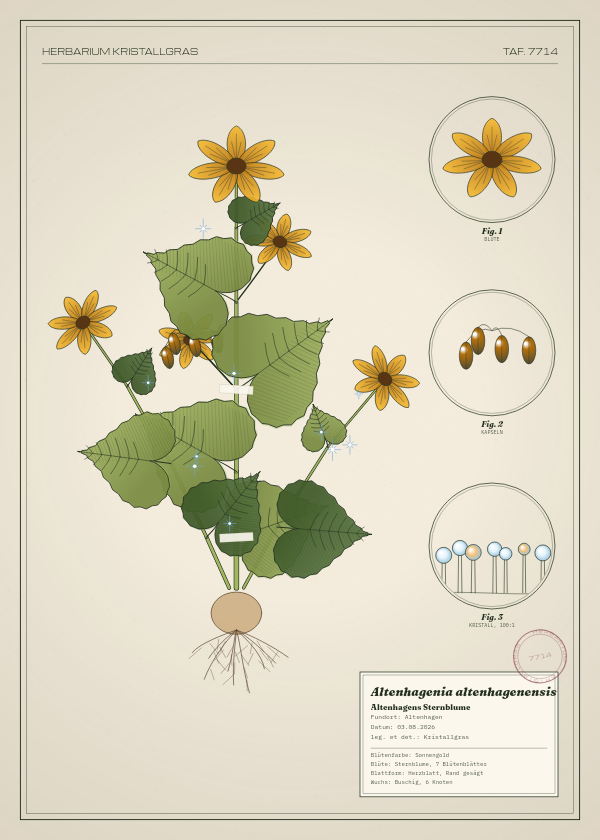 Botanische Tafel: Altenhagenia altenhagenensis, eine erfundene Pflanze aus Altenhagen, gezeichnet wie in einem alten Pflanzenatlas