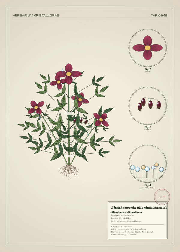 Botanische Tafel: Altenhausenia altenhausenensis, eine erfundene Pflanze aus Altenhausen, gezeichnet wie in einem alten Pflanzenatlas