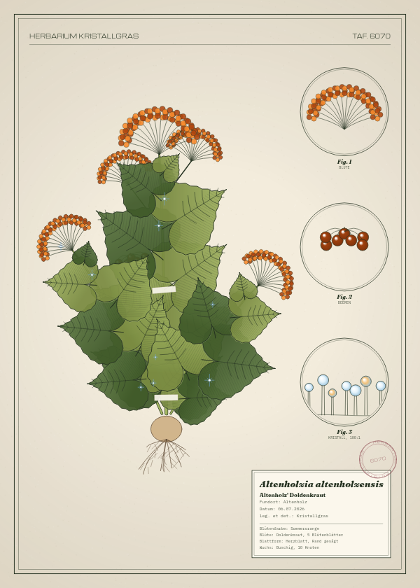 Botanische Tafel: Altenholzia altenholzensis, eine erfundene Pflanze aus Altenholz, gezeichnet wie in einem alten Pflanzenatlas