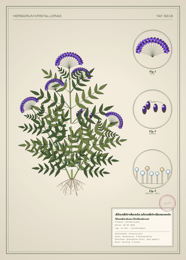 Botanische Tafel: Altenkirchenia altenkirchenensis, eine erfundene Pflanze aus Altenkirchen, gezeichnet wie in einem alten Pflanzenatlas
