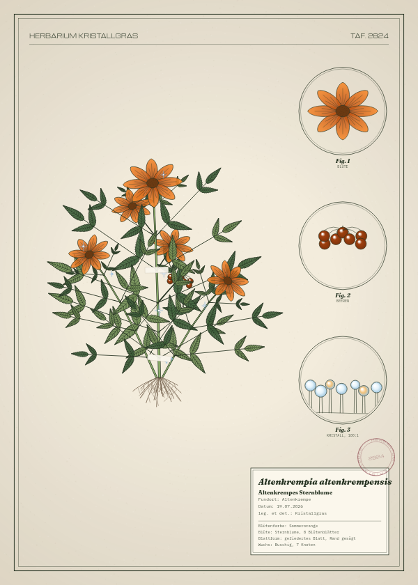 Botanische Tafel: Altenkrempia altenkrempensis, eine erfundene Pflanze aus Altenkrempe, gezeichnet wie in einem alten Pflanzenatlas