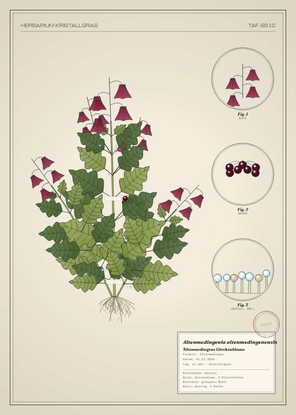 Botanische Tafel: Altenmedingenia altenmedingenensis, eine erfundene Pflanze aus Altenmedingen, gezeichnet wie in einem alten Pflanzenatlas