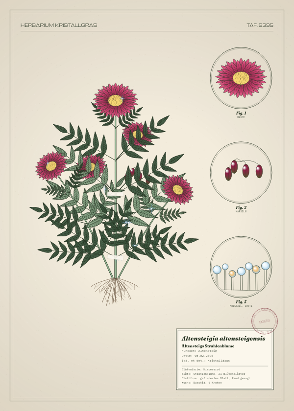 Botanische Tafel: Altensteigia altensteigensis, eine erfundene Pflanze aus Altensteig, gezeichnet wie in einem alten Pflanzenatlas