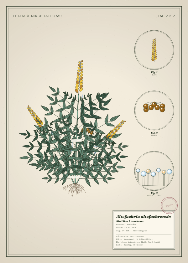 Botanische Tafel: Altefaehria altefaehrensis, eine erfundene Pflanze aus Altefähr, gezeichnet wie in einem alten Pflanzenatlas