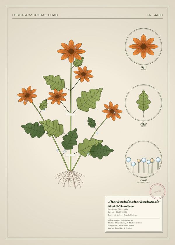 Botanische Tafel: Alterkuelzia alterkuelzensis, eine erfundene Pflanze aus Alterkülz, gezeichnet wie in einem alten Pflanzenatlas