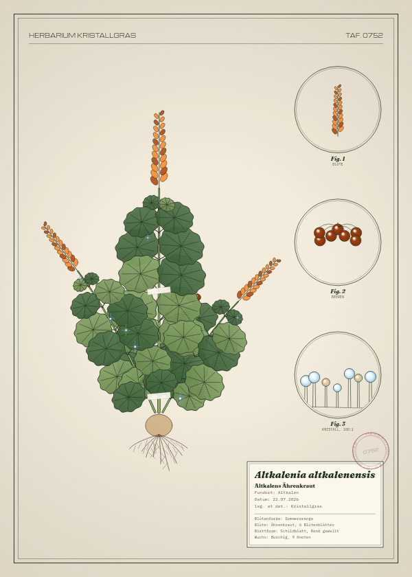 Botanische Tafel: Altkalenia altkalenensis, eine erfundene Pflanze aus Altkalen, gezeichnet wie in einem alten Pflanzenatlas