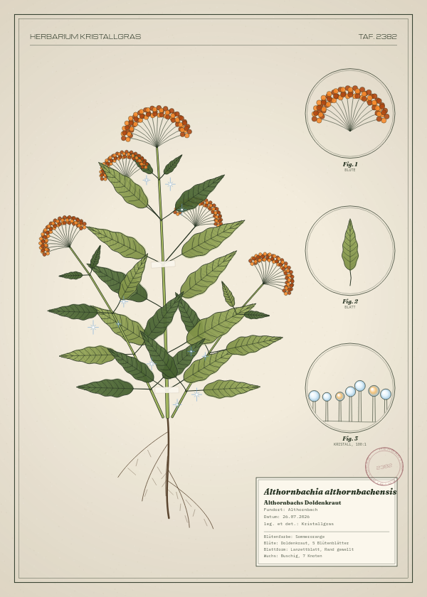 Botanische Tafel: Althornbachia althornbachensis, eine erfundene Pflanze aus Althornbach, gezeichnet wie in einem alten Pflanzenatlas