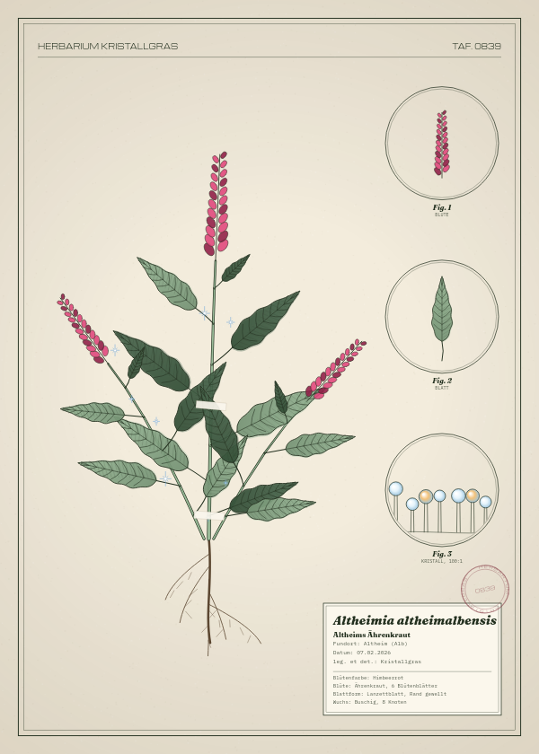 Botanische Tafel: Altheimia altheimalbensis, eine erfundene Pflanze aus Altheim (Alb), gezeichnet wie in einem alten Pflanzenatlas