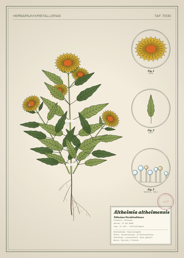 Botanische Tafel: Altheimia altheimensis, eine erfundene Pflanze aus Altheim, gezeichnet wie in einem alten Pflanzenatlas