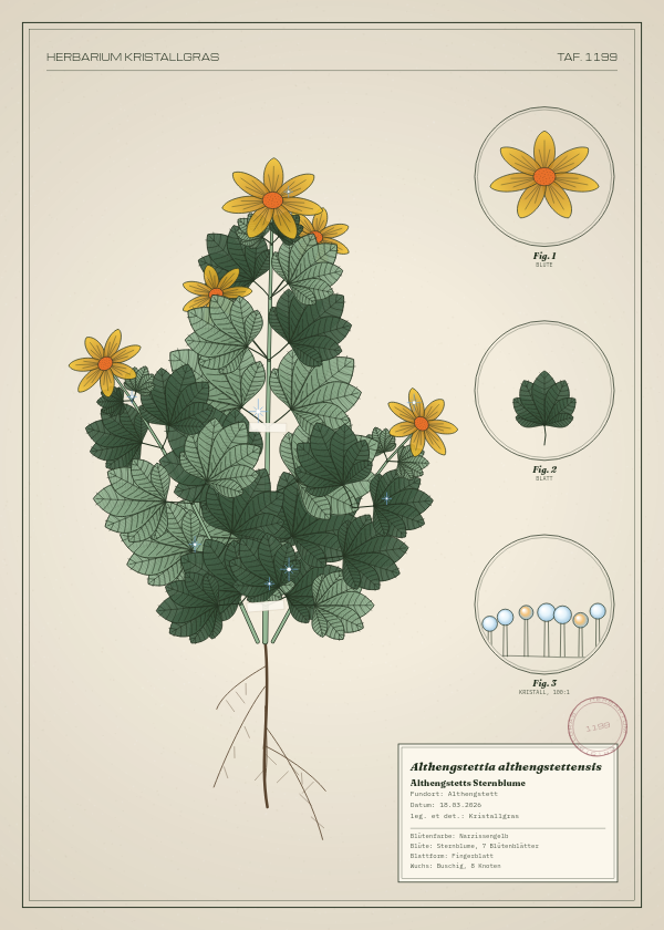 Botanische Tafel: Althengstettia althengstettensis, eine erfundene Pflanze aus Althengstett, gezeichnet wie in einem alten Pflanzenatlas