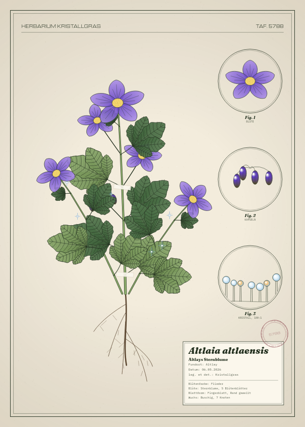 Botanische Tafel: Altlaia altlaensis, eine erfundene Pflanze aus Altlay, gezeichnet wie in einem alten Pflanzenatlas