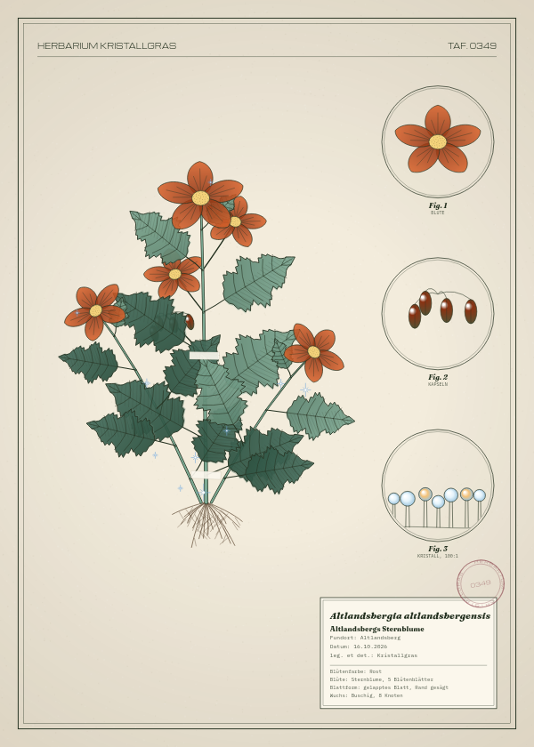 Botanische Tafel: Altlandsbergia altlandsbergensis, eine erfundene Pflanze aus Altlandsberg, gezeichnet wie in einem alten Pflanzenatlas