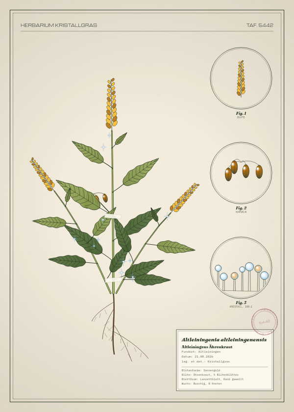 Botanische Tafel: Altleiningenia altleiningenensis, eine erfundene Pflanze aus Altleiningen, gezeichnet wie in einem alten Pflanzenatlas