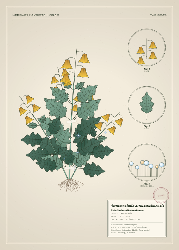 Botanische Tafel: Altlussheimia altlussheimensis, eine erfundene Pflanze aus Altlußheim, gezeichnet wie in einem alten Pflanzenatlas
