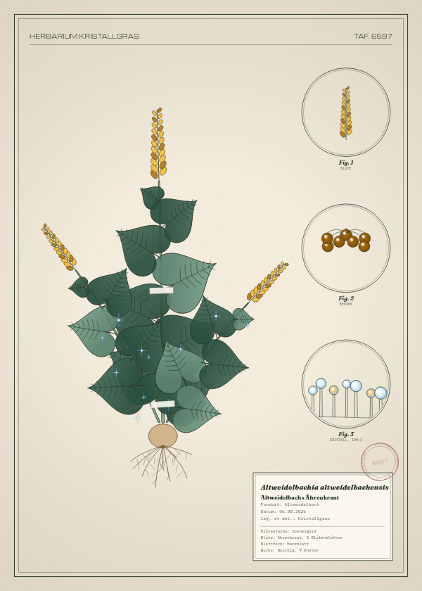 Botanische Tafel: Altweidelbachia altweidelbachensis, eine erfundene Pflanze aus Altweidelbach, gezeichnet wie in einem alten Pflanzenatlas