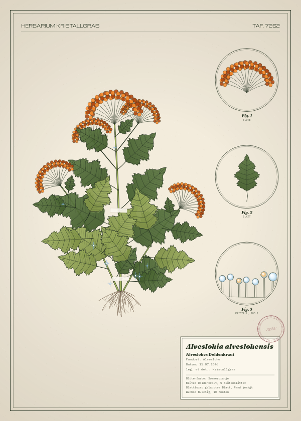 Botanische Tafel: Alveslohia alveslohensis, eine erfundene Pflanze aus Alveslohe, gezeichnet wie in einem alten Pflanzenatlas