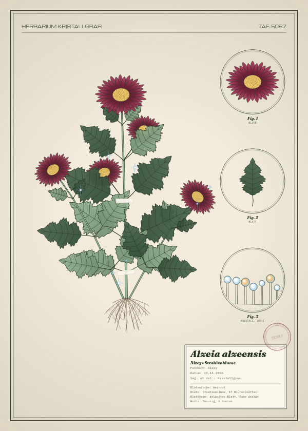 Botanische Tafel: Alzeia alzeensis, eine erfundene Pflanze aus Alzey, gezeichnet wie in einem alten Pflanzenatlas