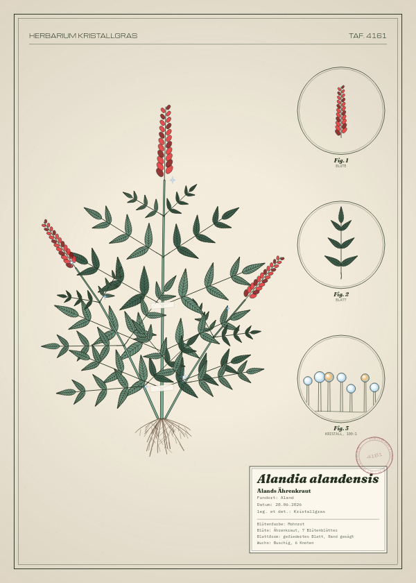 Botanische Tafel: Alandia alandensis, eine erfundene Pflanze aus Aland, gezeichnet wie in einem alten Pflanzenatlas