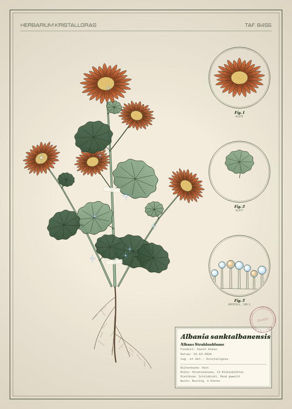 Botanische Tafel: Albania sanktalbanensis, eine erfundene Pflanze aus Sankt Alban, gezeichnet wie in einem alten Pflanzenatlas