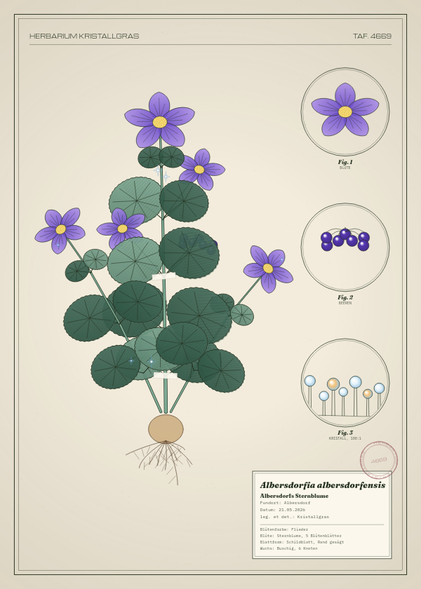 Botanische Tafel: Albersdorfia albersdorfensis, eine erfundene Pflanze aus Albersdorf, gezeichnet wie in einem alten Pflanzenatlas