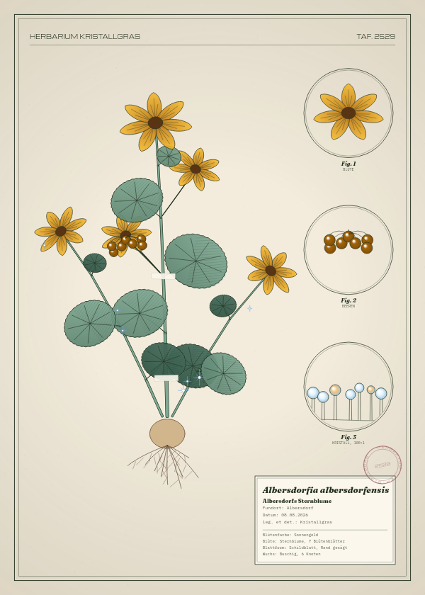 Botanische Tafel: Albersdorfia albersdorfensis, eine erfundene Pflanze aus Albersdorf, gezeichnet wie in einem alten Pflanzenatlas