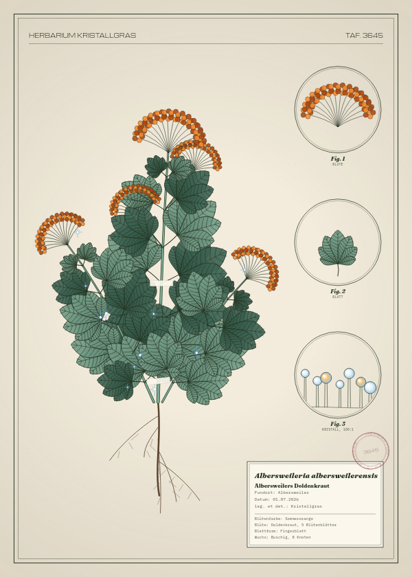 Botanische Tafel: Albersweileria albersweilerensis, eine erfundene Pflanze aus Albersweiler, gezeichnet wie in einem alten Pflanzenatlas