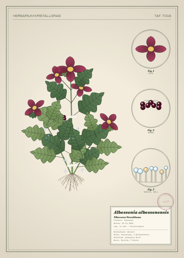 Botanische Tafel: Albessenia albessenensis, eine erfundene Pflanze aus Albessen, gezeichnet wie in einem alten Pflanzenatlas