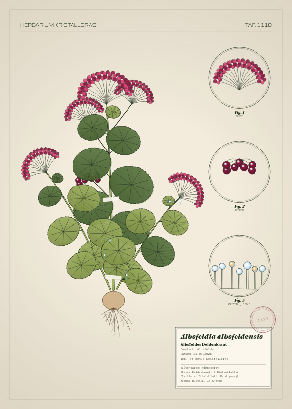 Botanische Tafel: Albsfeldia albsfeldensis, eine erfundene Pflanze aus Albsfelde, gezeichnet wie in einem alten Pflanzenatlas