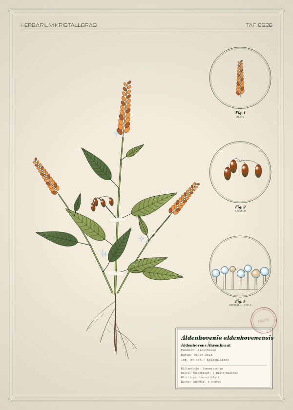 Botanische Tafel: Aldenhovenia aldenhovenensis, eine erfundene Pflanze aus Aldenhoven, gezeichnet wie in einem alten Pflanzenatlas
