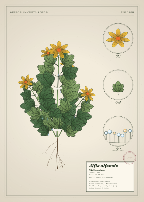 Botanische Tafel: Alfia alfensis, eine erfundene Pflanze aus Alf, gezeichnet wie in einem alten Pflanzenatlas