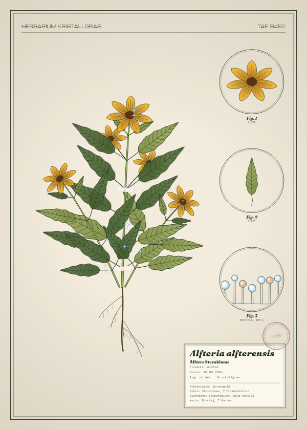 Botanische Tafel: Alfteria alfterensis, eine erfundene Pflanze aus Alfter, gezeichnet wie in einem alten Pflanzenatlas