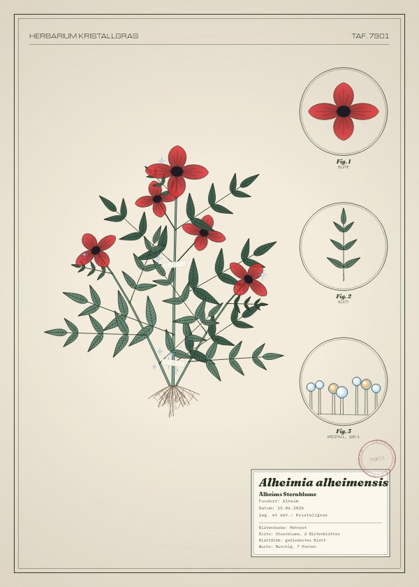 Botanische Tafel: Alheimia alheimensis, eine erfundene Pflanze aus Alheim, gezeichnet wie in einem alten Pflanzenatlas
