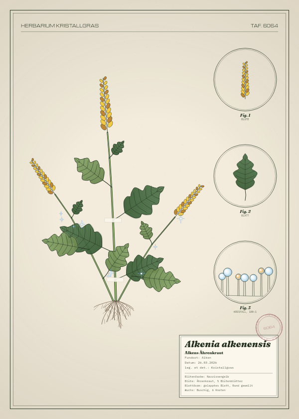 Botanische Tafel: Alkenia alkenensis, eine erfundene Pflanze aus Alken, gezeichnet wie in einem alten Pflanzenatlas