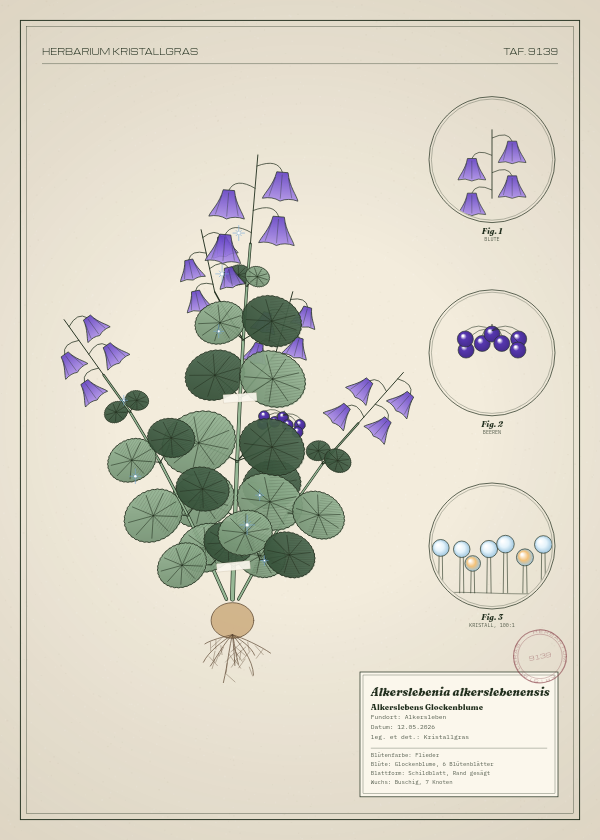 Botanische Tafel: Alkerslebenia alkerslebenensis, eine erfundene Pflanze aus Alkersleben, gezeichnet wie in einem alten Pflanzenatlas