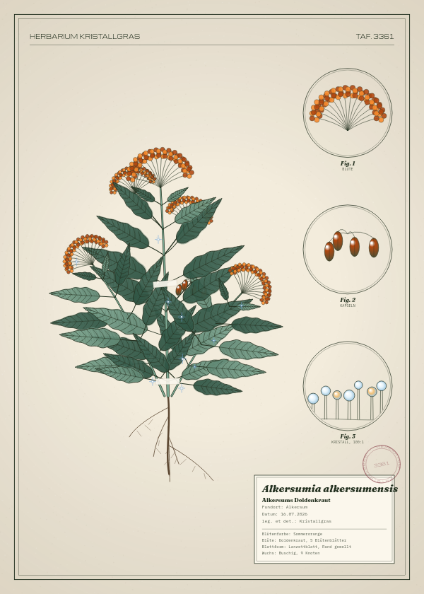 Botanische Tafel: Alkersumia alkersumensis, eine erfundene Pflanze aus Alkersum, gezeichnet wie in einem alten Pflanzenatlas