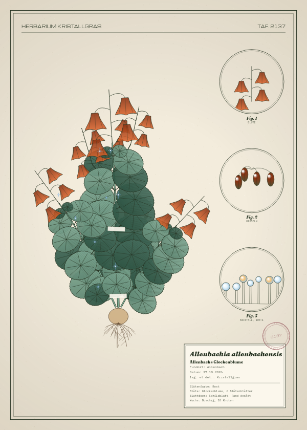Botanische Tafel: Allenbachia allenbachensis, eine erfundene Pflanze aus Allenbach, gezeichnet wie in einem alten Pflanzenatlas