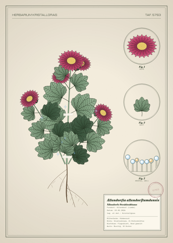 Botanische Tafel: Allendorfia allendorflumdensis, eine erfundene Pflanze aus Allendorf (Lumda), gezeichnet wie in einem alten Pflanzenatlas