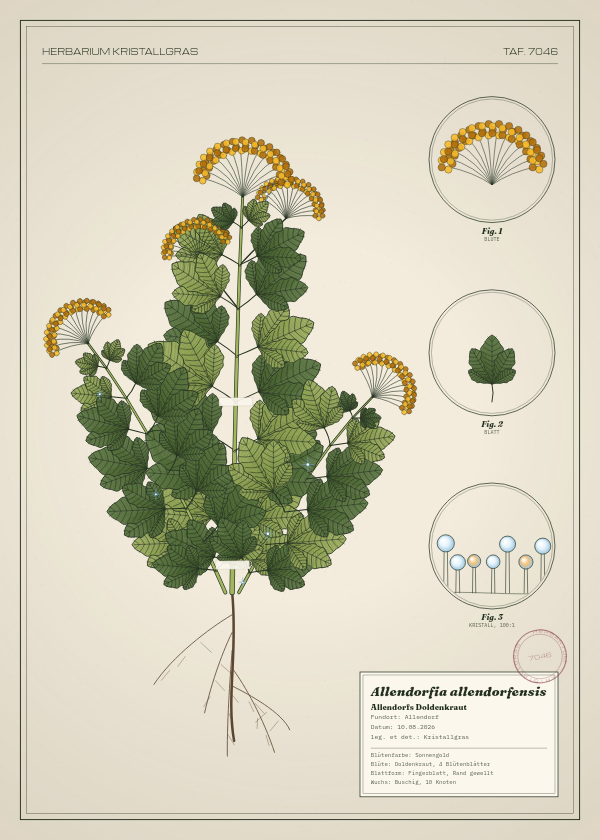 Botanische Tafel: Allendorfia allendorfensis, eine erfundene Pflanze aus Allendorf, gezeichnet wie in einem alten Pflanzenatlas