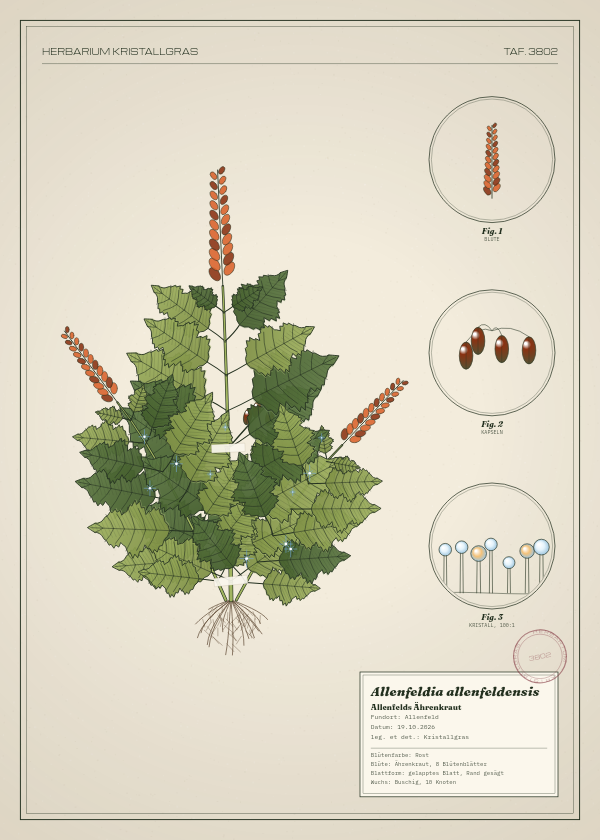 Botanische Tafel: Allenfeldia allenfeldensis, eine erfundene Pflanze aus Allenfeld, gezeichnet wie in einem alten Pflanzenatlas