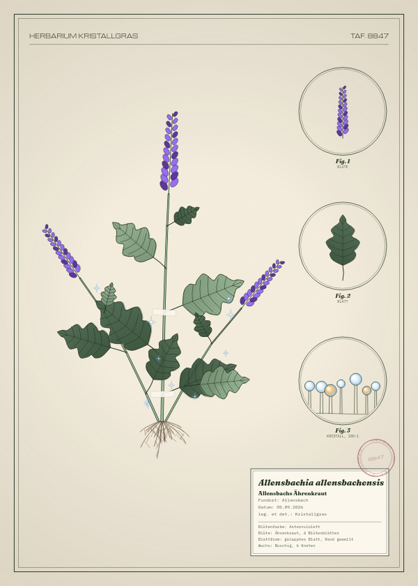 Botanische Tafel: Allensbachia allensbachensis, eine erfundene Pflanze aus Allensbach, gezeichnet wie in einem alten Pflanzenatlas
