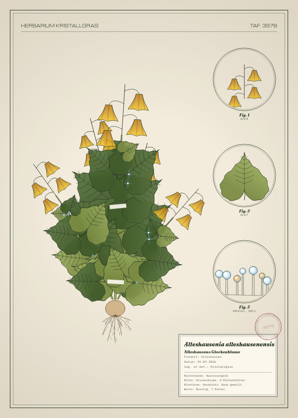 Botanische Tafel: Alleshausenia alleshausenensis, eine erfundene Pflanze aus Alleshausen, gezeichnet wie in einem alten Pflanzenatlas