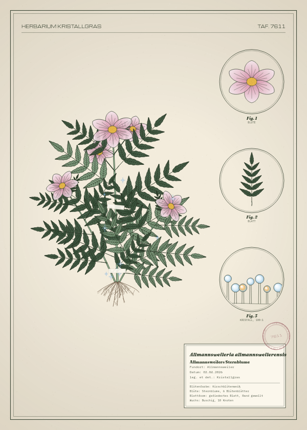 Botanische Tafel: Allmannsweileria allmannsweilerensis, eine erfundene Pflanze aus Allmannsweiler, gezeichnet wie in einem alten Pflanzenatlas