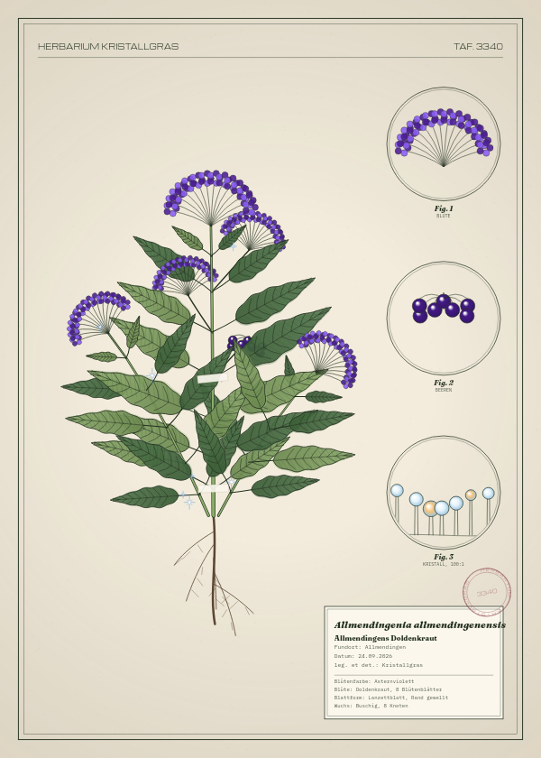 Botanische Tafel: Allmendingenia allmendingenensis, eine erfundene Pflanze aus Allmendingen, gezeichnet wie in einem alten Pflanzenatlas